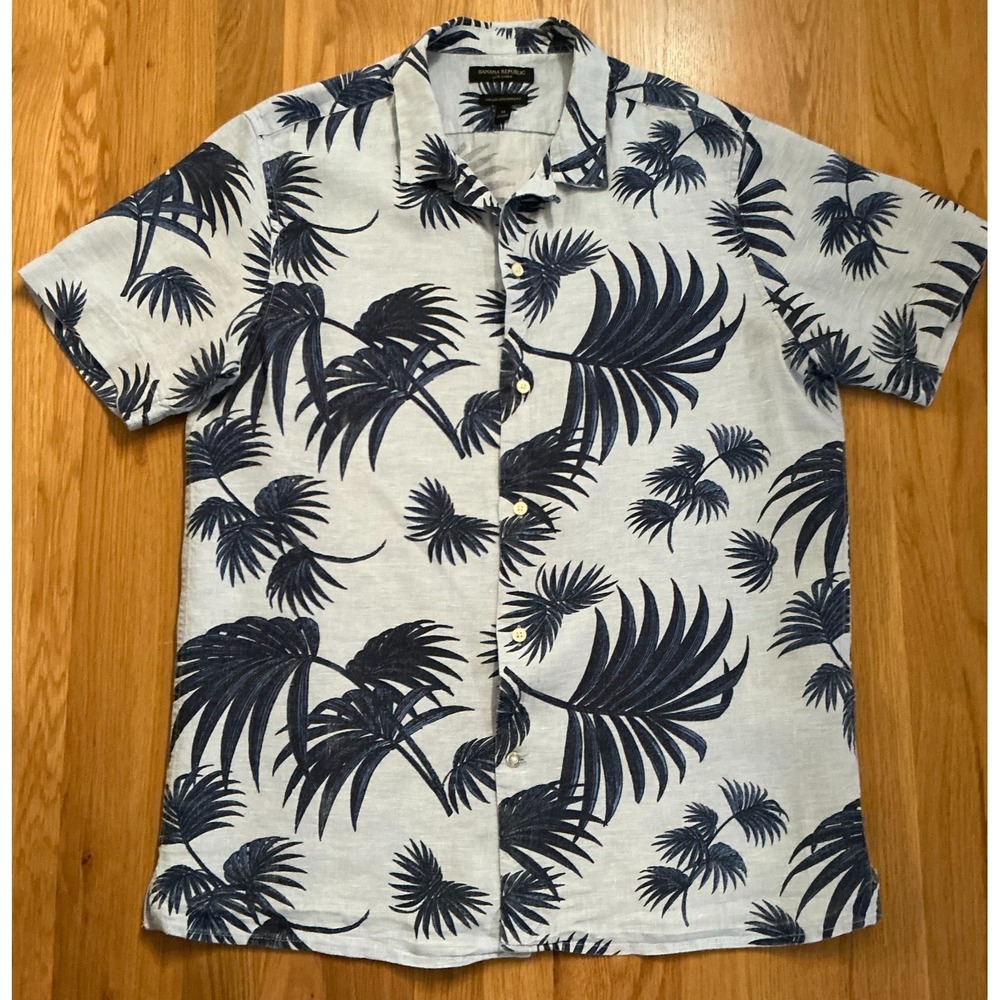 Banana Republic 100% Linen Palm Print Shirt Blue Navy SS Medium Camden Fit